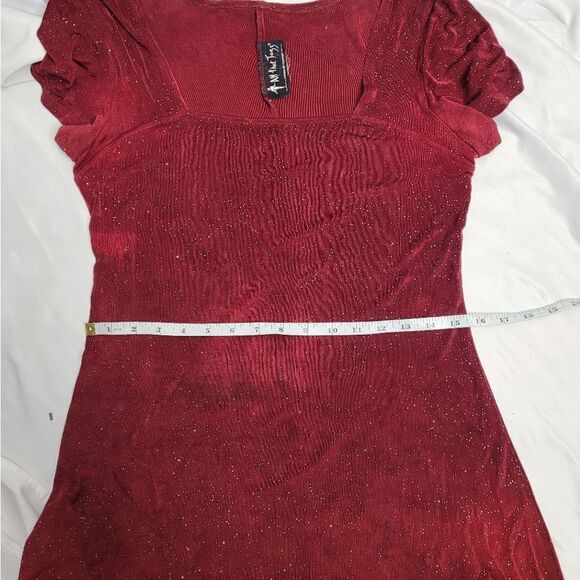 VINTAGE 90s red sparkle All That Jazz square neck stretch swing dress M‎ - Picture 9 of 10